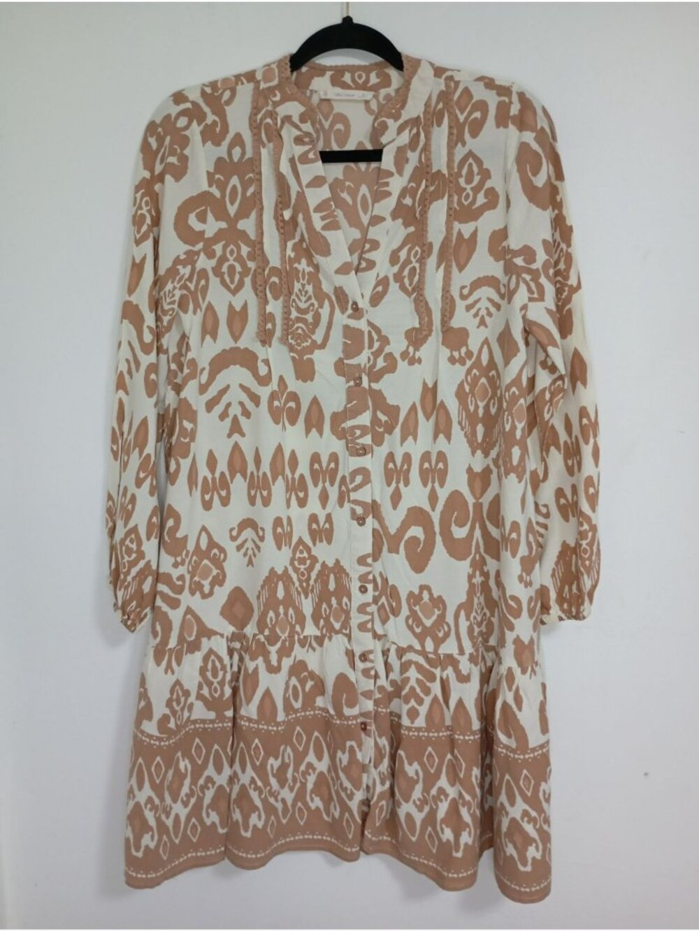 Salty Lemon Mini Dress Boho Button-Down Ikat Print Long-Sleeve Size Small